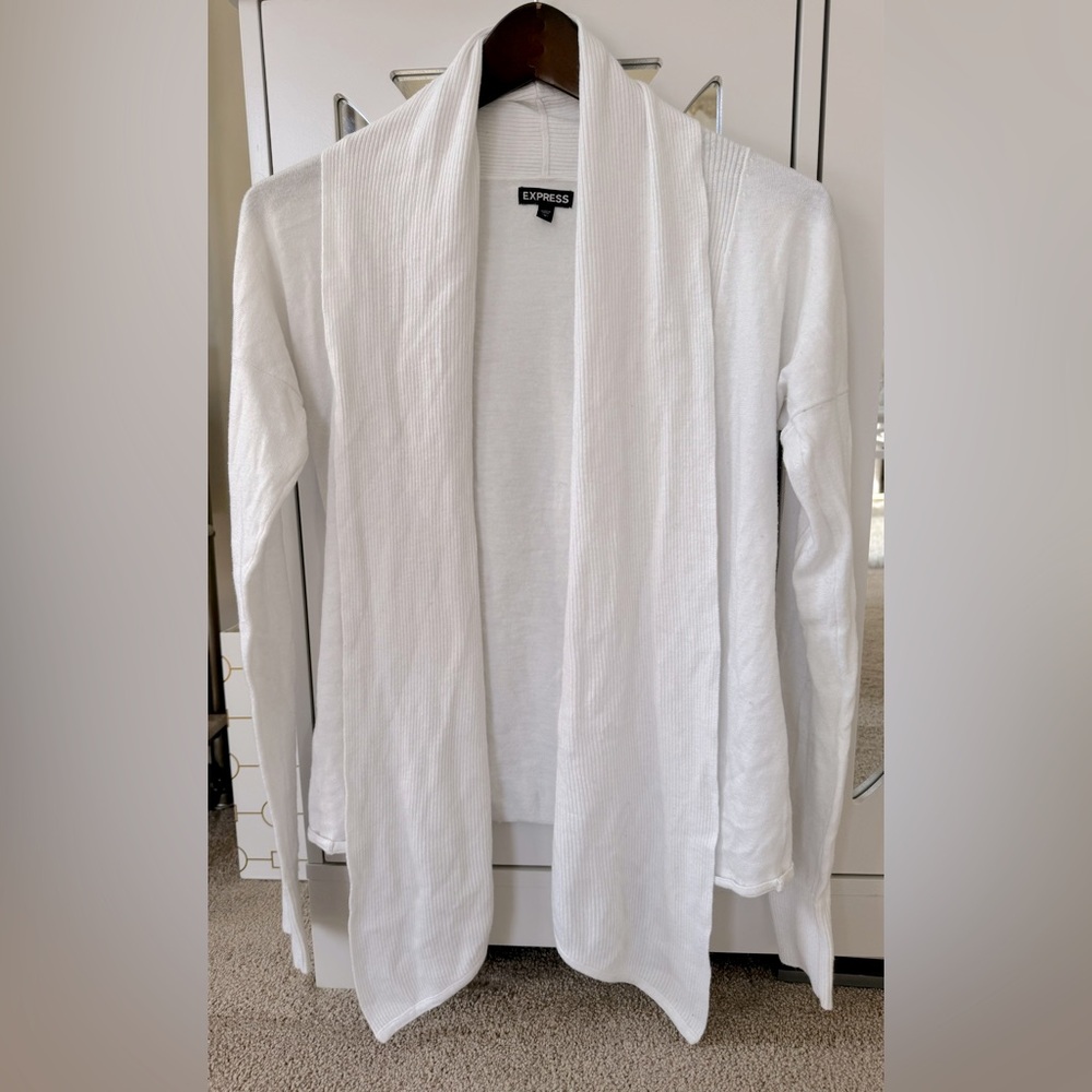 Cashmere Sweater Cardigan EUC Ribbed Express Shawl Collar Open Front Ivo…